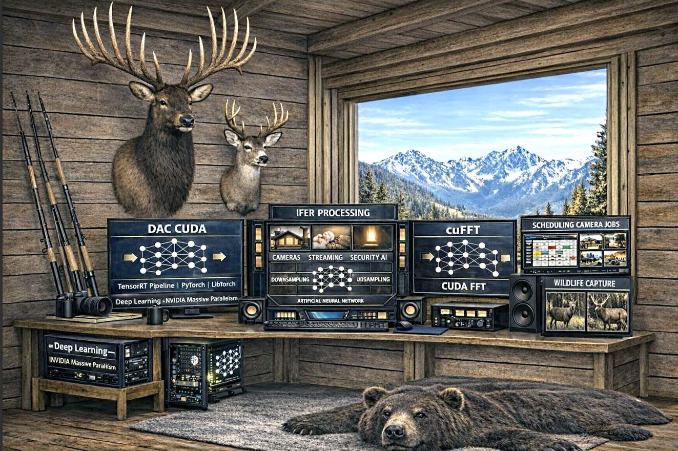 DAC CUDA, cuFFT, and camera job scheduling workstation for wildlife capture and security-camera processing.